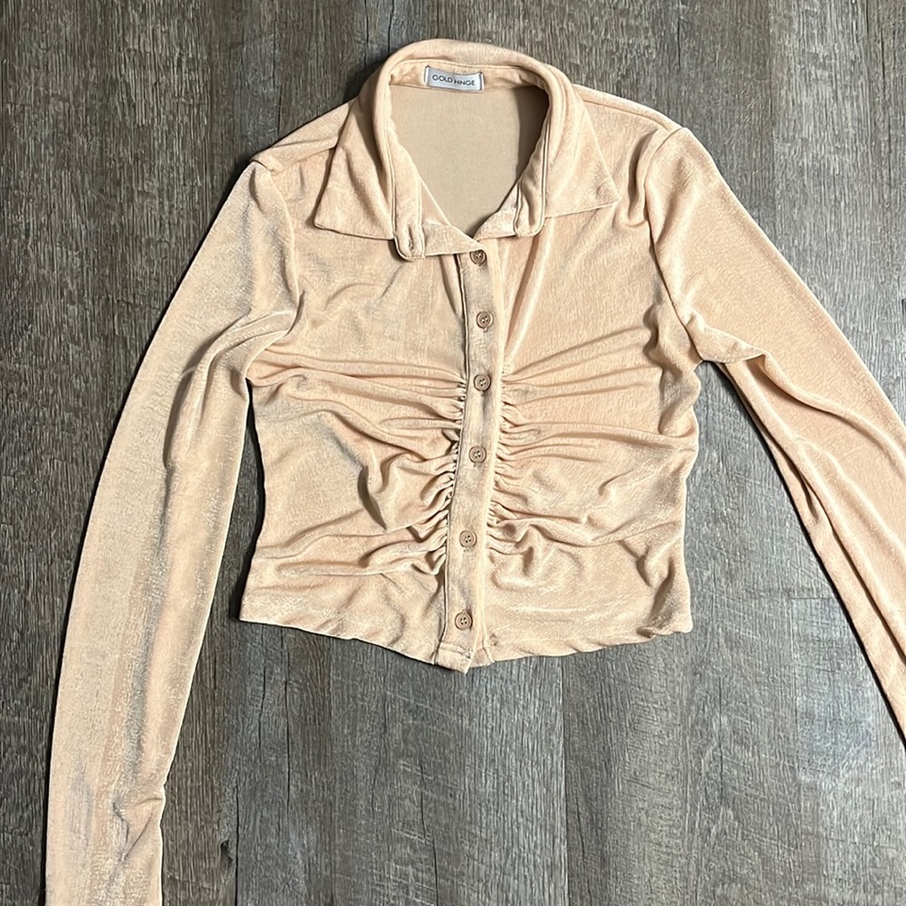 Gold Hinge Shirred Button Down Crop Shirt